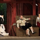 Louise Winter  (Mistress Quickly) Roland Wood (Falstaff) and Sioned Gwen  Davies as Meg